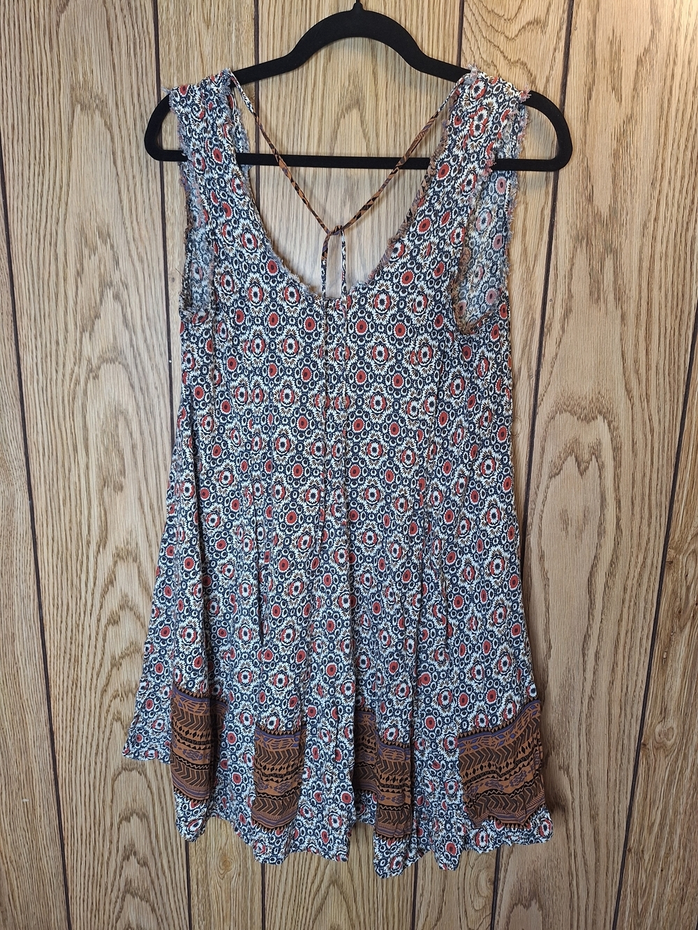 Boho Printed Sleeveless Tunic Dress with Brown Trim Size Medium